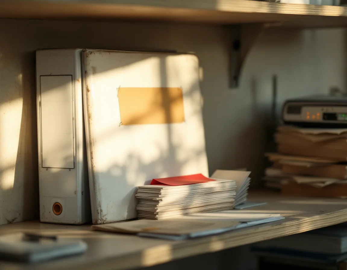 An old compliance binder on a dusty back-office shelf next to a blinking consumer router