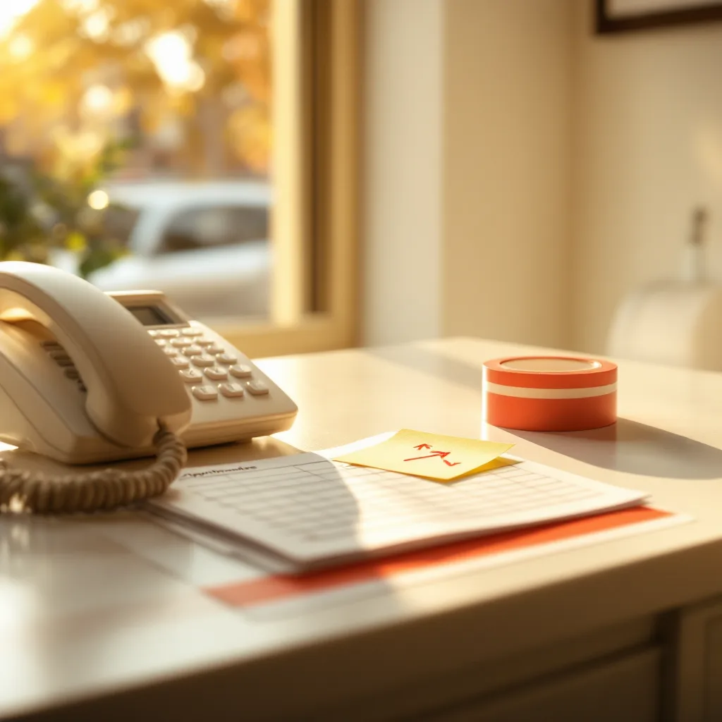 A dental practice front desk in late sun, a desk phone beside a sticky note marked with a red arrow