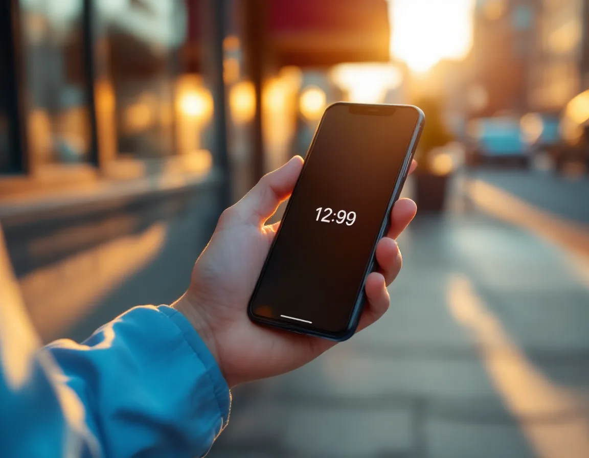 A clinician's hand holding a phone showing a sign-in approval prompt on a sunlit sidewalk
