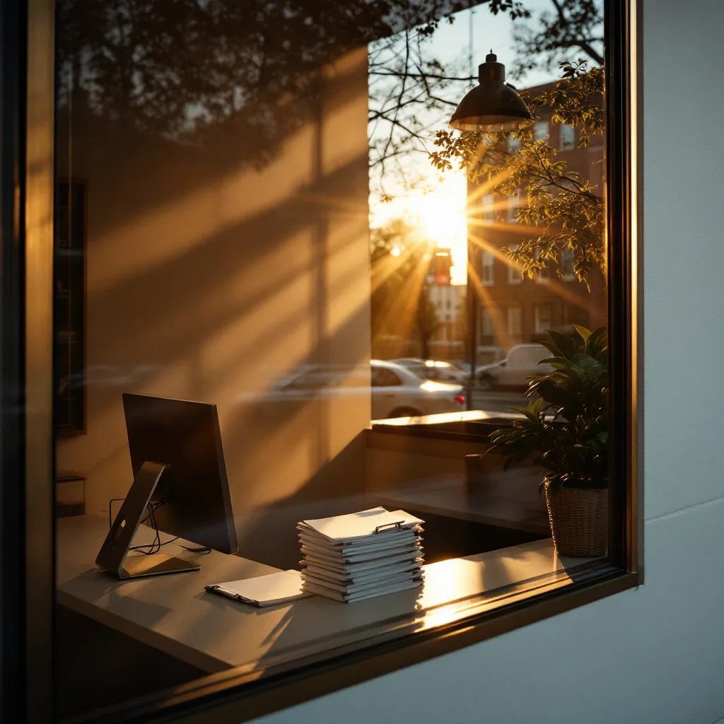 A clinic reception desk seen through a street window in warm evening light